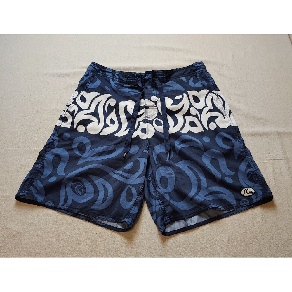 Quiksilver Mens Navy Blue Swirl Graphic Board Shorts‎ Swim Trunks Size L 18